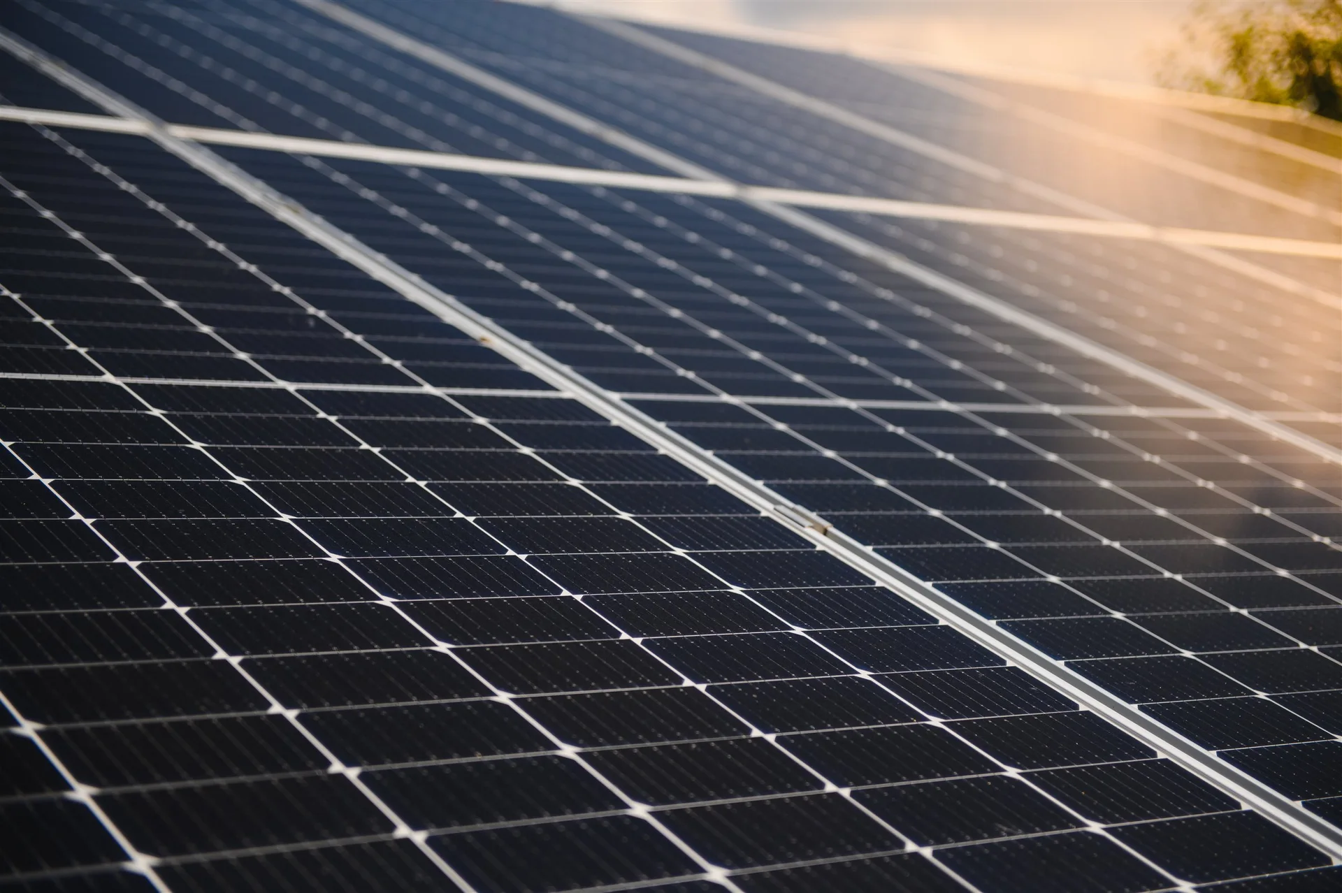 Detalle de módulos fotovoltaicos iluminados por el sol